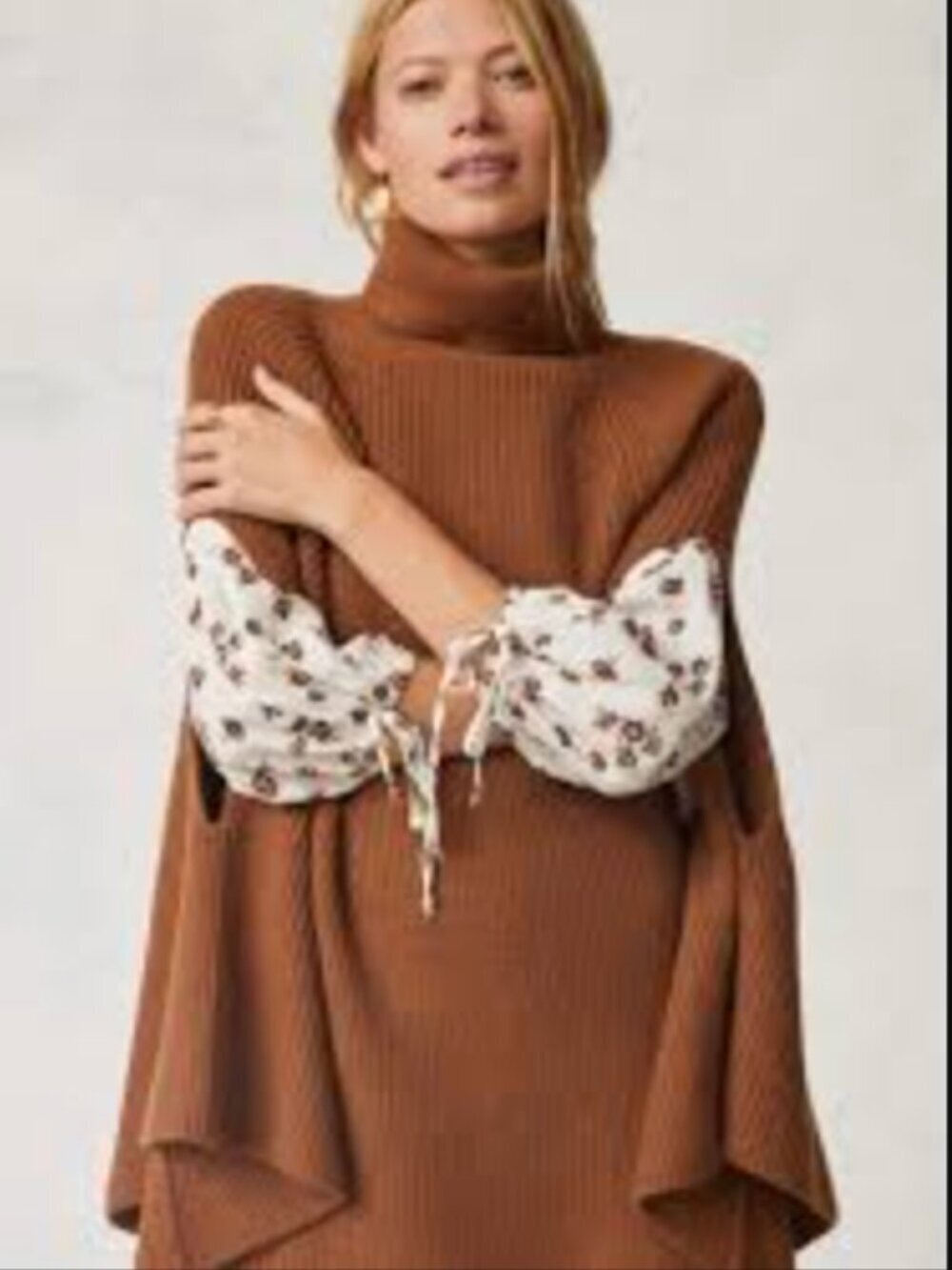 ANTHROPOLOGIE Ribbed Knit Sweater Poncho Cape Camel One Size
